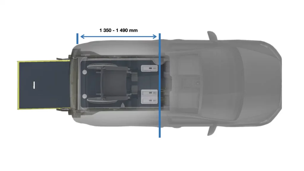 Vue de dessus du décaissement S avec dimensions du VW Caddy ou FORD Tourneo Connect TPMR