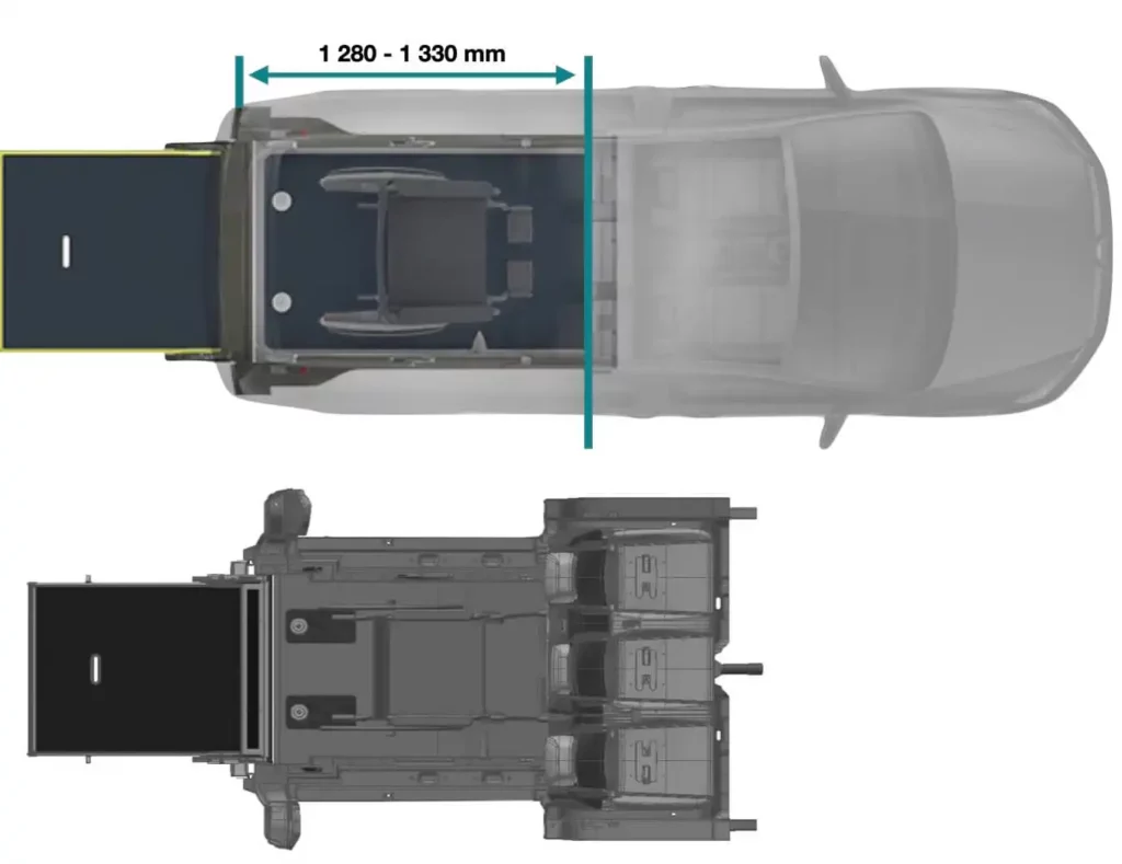 Vue de dessus du décaissement L avec dimensions et un fauteuil roulant dans VW Caddy ou FORD Tourneo Connect TPMR