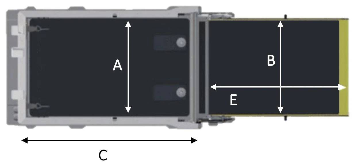 Vue de dessus d'un aménagement TPMR avec les dimensions de longueur largeur pour l'espace qui accueil le fauteuil et pour la rampe