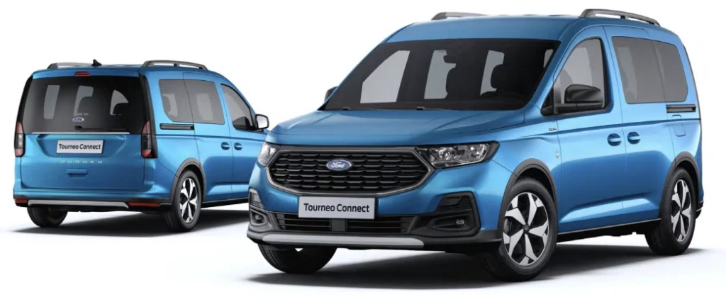 Ford Grand Tournéo Connect finition Active bleu vue extérieur face avant et arrière de 3/4