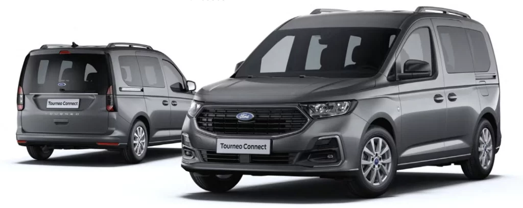 Ford Grand Tourneo Connect finition Titanium gris vue extérieur face avant et arrière de 3/4