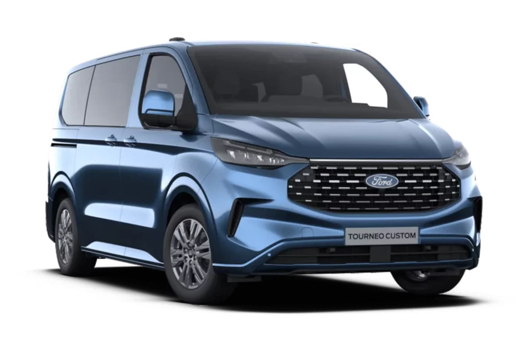Nouveau Ford Tourneo Custom TPMR Azure Blue Metallic vue de la face avant