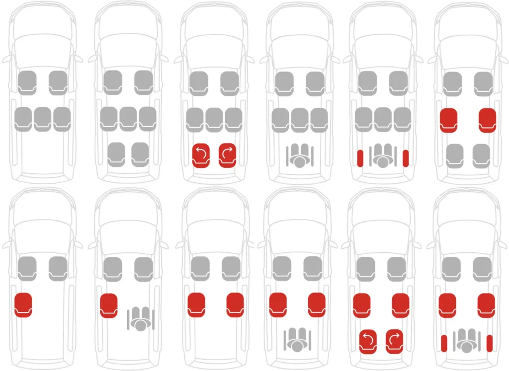 8 configurations possible dans des véhicules TPMR neuf ou d'occasion allant de 3 passagers à 7 passagers avec ou sans fauteuil roulant